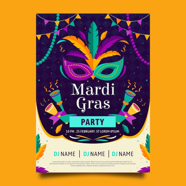 Modelo de pôster de mardi gras de design plano