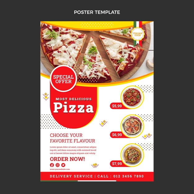 Modelo de pôster de pizza em design plano
