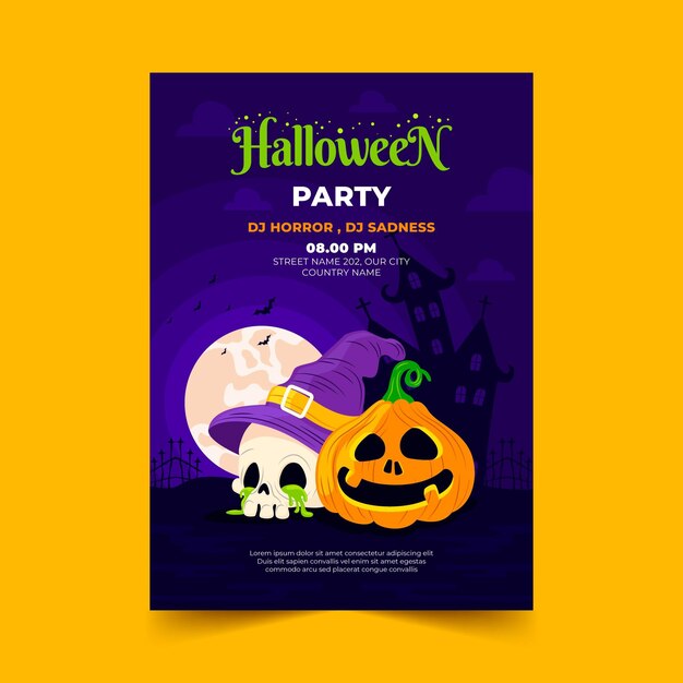 Modelo de pôster plano de festa de halloween desenhado à mão