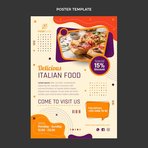 Modelo de pôster vertical de comida italiana plana