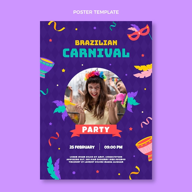 Modelo de pôster vertical desenhado à mão para carnaval