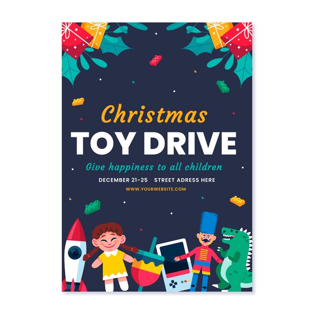Modelo de pôster vertical desenhado para brinquedo de natal plano desenhado à mão