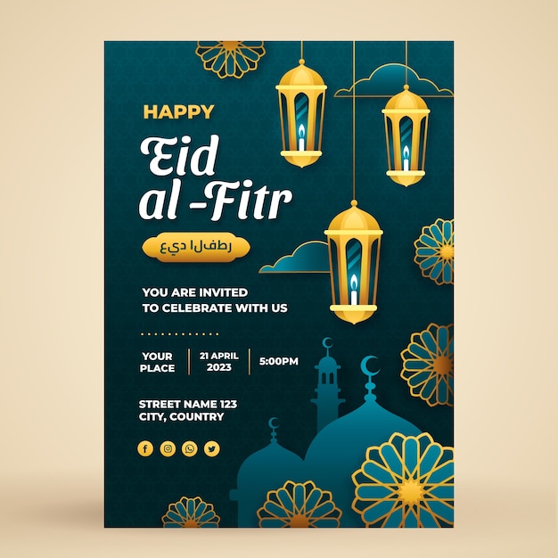 Modelo de pôster vertical gradiente para a celebração do eid al-fitr