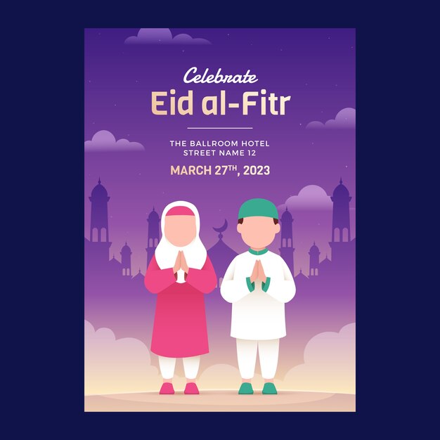 Modelo de pôster vertical gradiente para a celebração do eid al-fitr