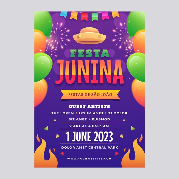 Modelo de pôster vertical gradiente para celebrações de festas juninas brasileiras