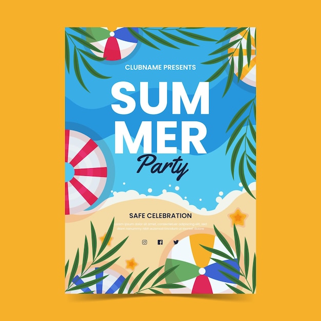 Modelo de pôster vertical para festa de verão plana