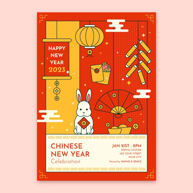 Modelo de pôster vertical plano de ano novo chinês