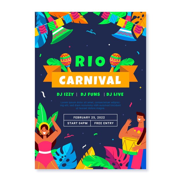 Modelo de pôster vertical plano de carnaval brasileiro
