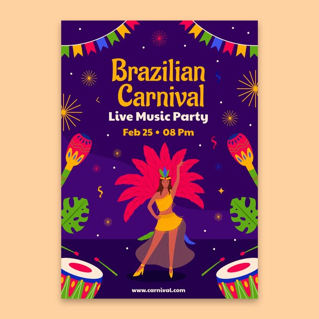 Modelo de pôster vertical plano de carnaval brasileiro