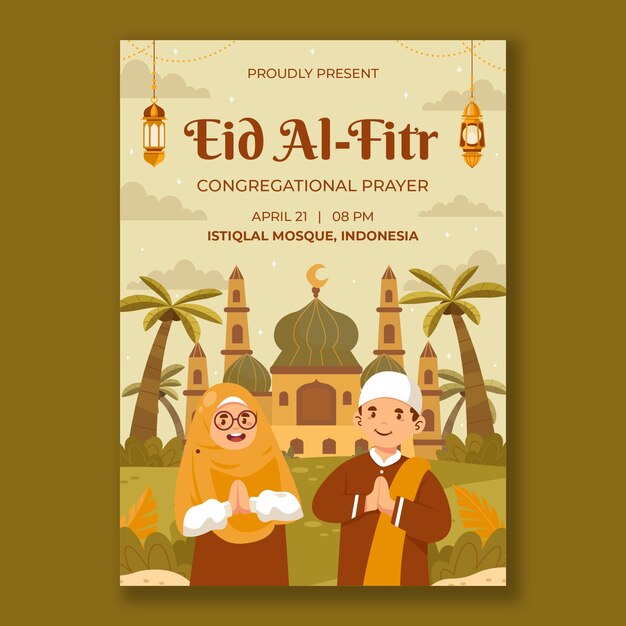 Modelo de pôster vertical plano para a celebração islâmica do eid al-fitr