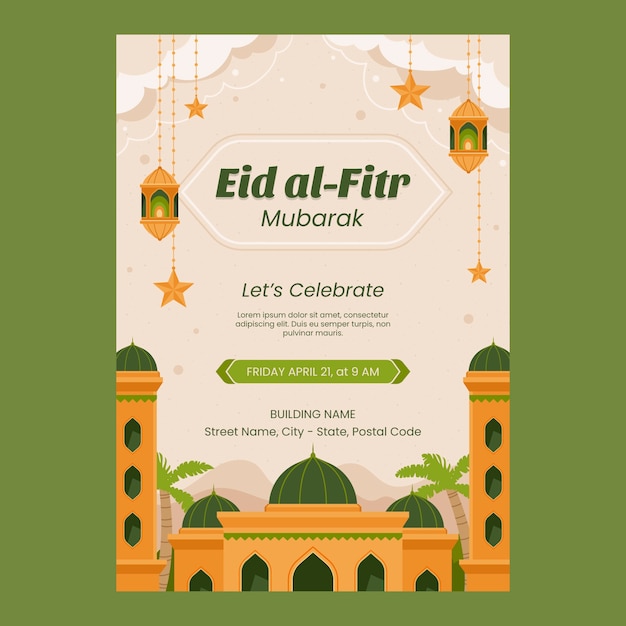 Modelo de pôster vertical plano para a celebração islâmica do eid al-fitr
