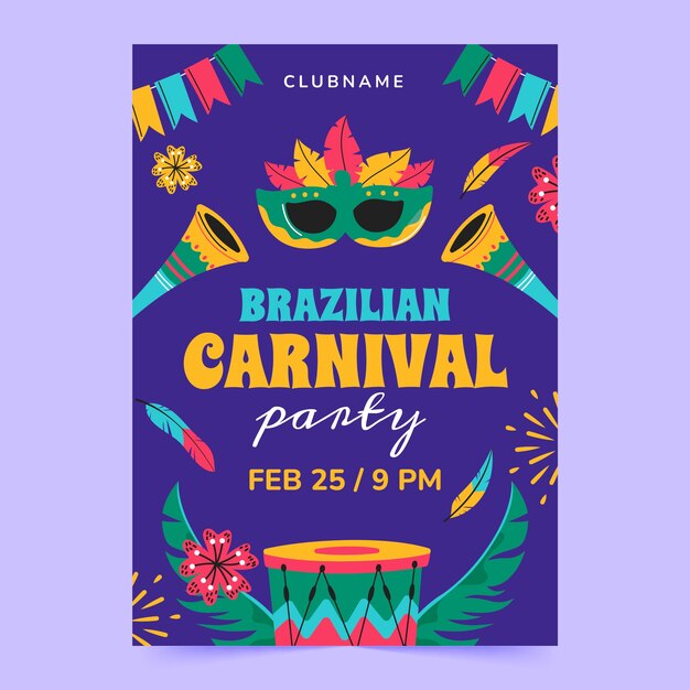 Modelo de pôster vertical plano para celebração de carnaval