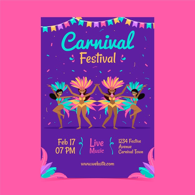 Modelo de pôster vertical plano para celebração de carnaval