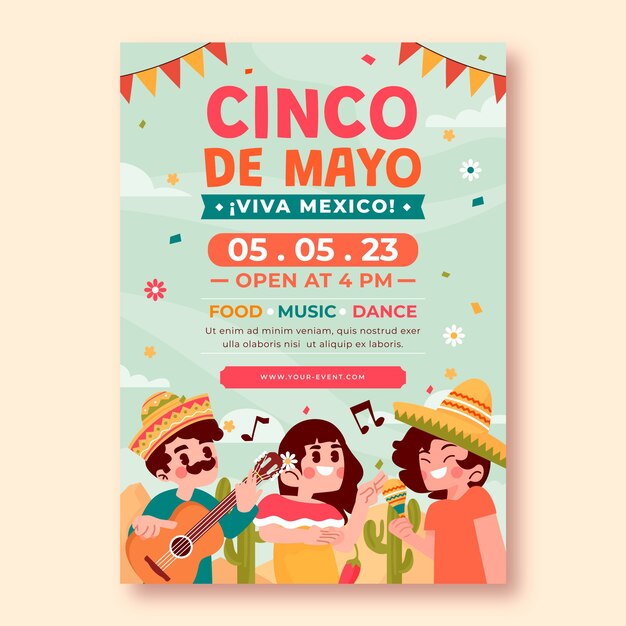 Modelo de pôster vertical plano para celebração de cinco de maio