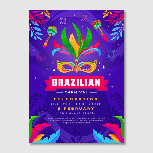 Modelo de pôster vertical plano para celebração do carnaval brasileiro