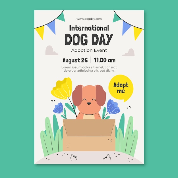 Vetor grátis modelo de pôster vertical plano para celebração do dia internacional do cão