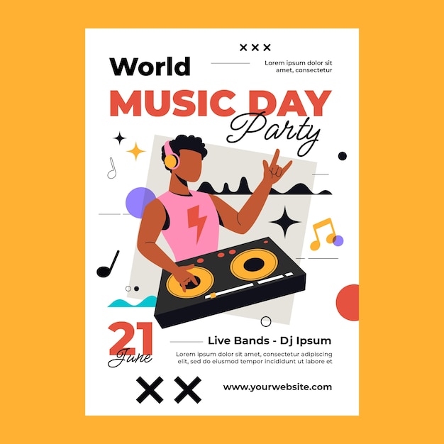Modelo de pôster vertical plano para celebração do dia mundial da música