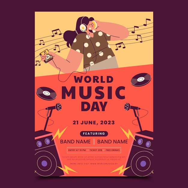 Modelo de pôster vertical plano para celebração do dia mundial da música