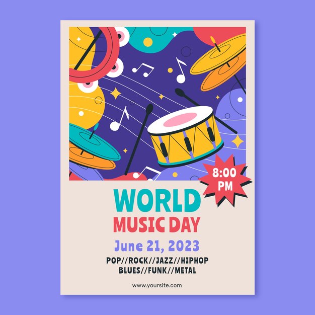 Modelo de pôster vertical plano para celebração do dia mundial da música