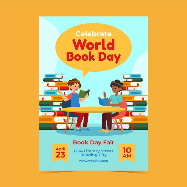 Modelo de pôster vertical plano para celebração do dia mundial do livro