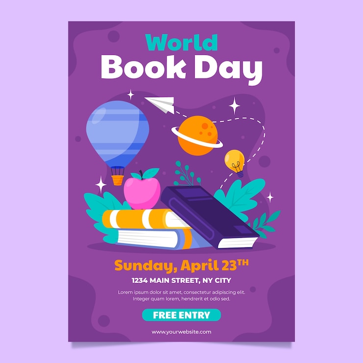 Vetor grátis modelo de pôster vertical plano para celebração do dia mundial do livro