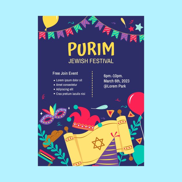 Modelo de pôster vertical plano para celebração do feriado de purim