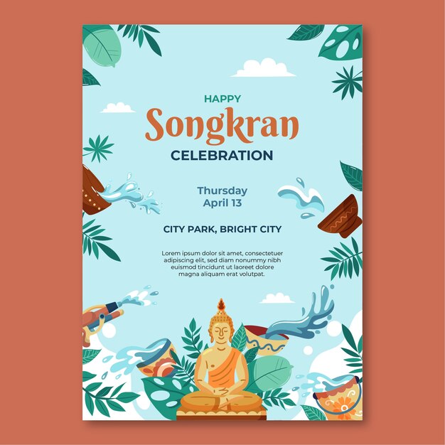 Modelo de pôster vertical plano para celebração do festival de água songkran