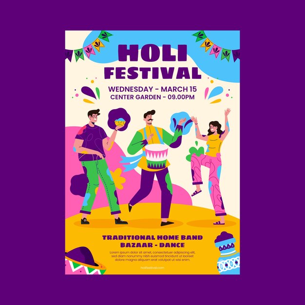 Modelo de pôster vertical plano para celebração do festival de holi