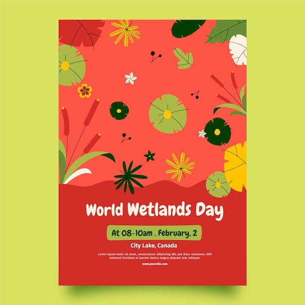 Vetor grátis modelo de pôster vertical plano para o dia mundial das zonas úmidas com flora e fauna