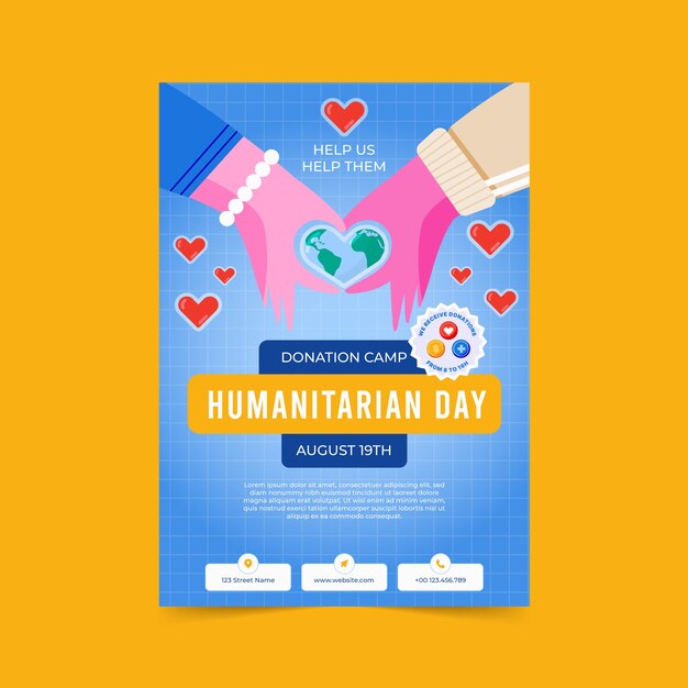 Modelo de pôster vertical plano para o dia mundial humanitário