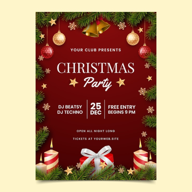 Vetor grátis modelo de pôster vertical realista para celebração da temporada de natal com presentes e enfeites