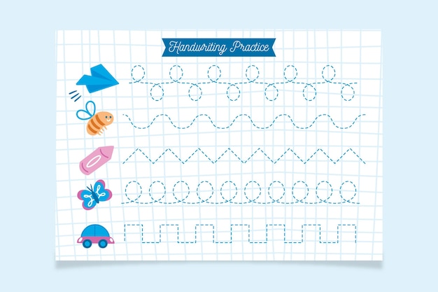 Vetor grátis modelo de prática de escrita à mão com diferentes elementos