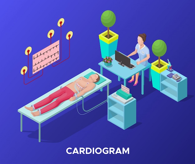 Vetor grátis modelo de procedimento médico de cardiograma isométrico