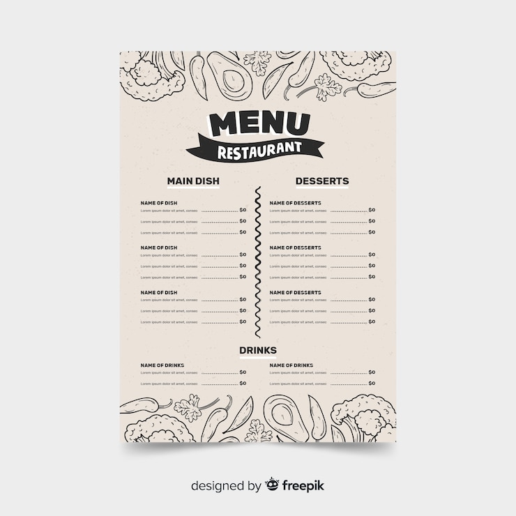Vetor grátis modelo de restaurante menu no estilo retro com esboços de comida