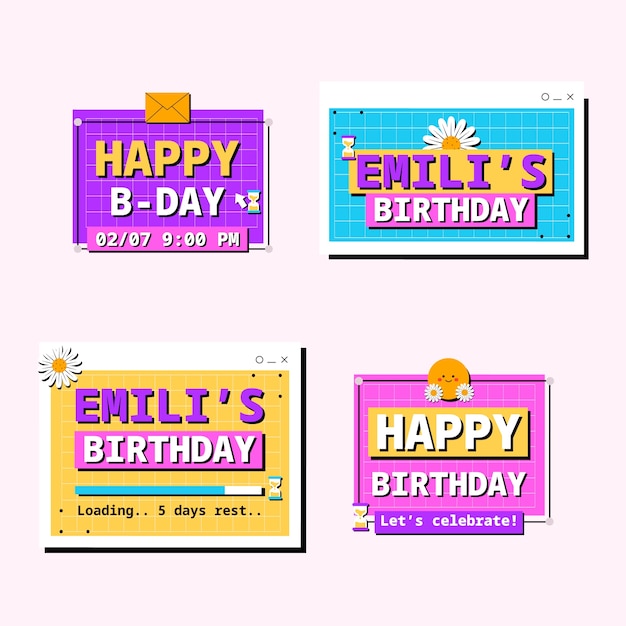 Modelo de rótulos de celebração de aniversário desenhado à mão
