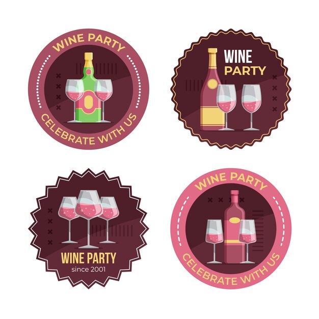 Modelo de rótulos de festa de vinho de design plano