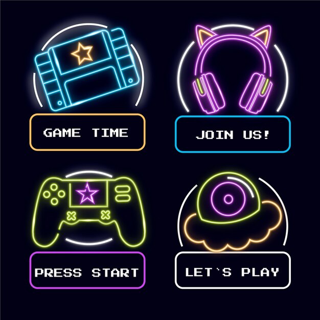 Modelo de rótulos de jogos de néon desenhados à mão