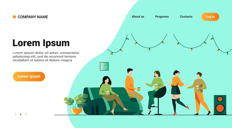 Vetor grátis modelo de site, página de destino com ilustração de amigos felizes em casa ilustração vetorial plana de festa