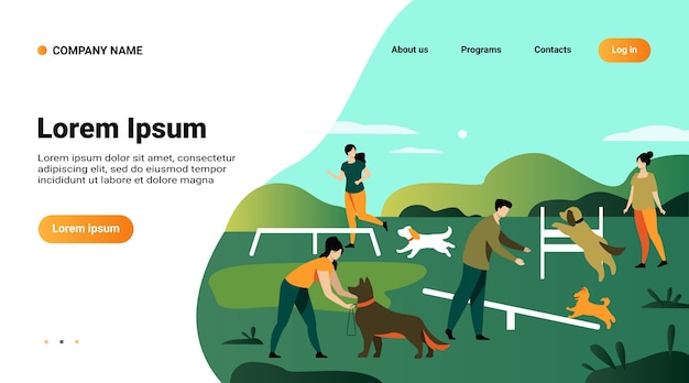 Modelo de site, página de destino com ilustração de pessoas felizes treinando cães em equipamentos de salto na área do parque da cidade