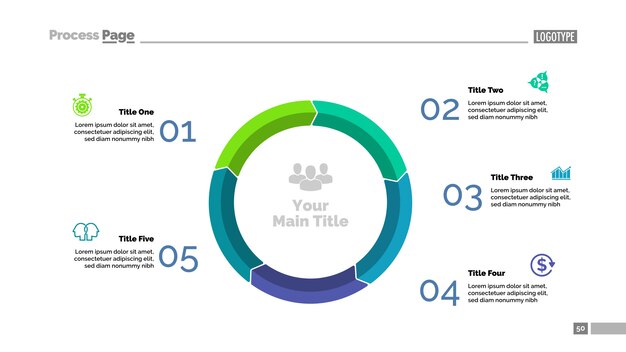 Modelo de slide de diagrama de ciclo de cinco etapas. Dados da empresa. Gráfico, gráfico