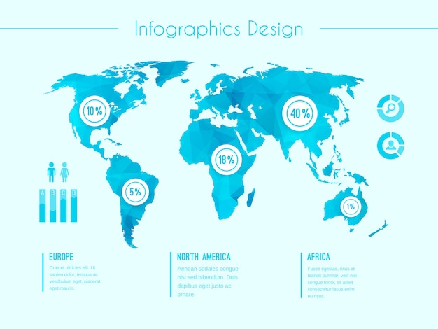 Vetor grátis modelo de vetor de infográfico de mapa mundial mostrando as áreas demográficas europa américa do norte áfrica com porcentagens proporcionais de estatísticas e colunas de texto em azul