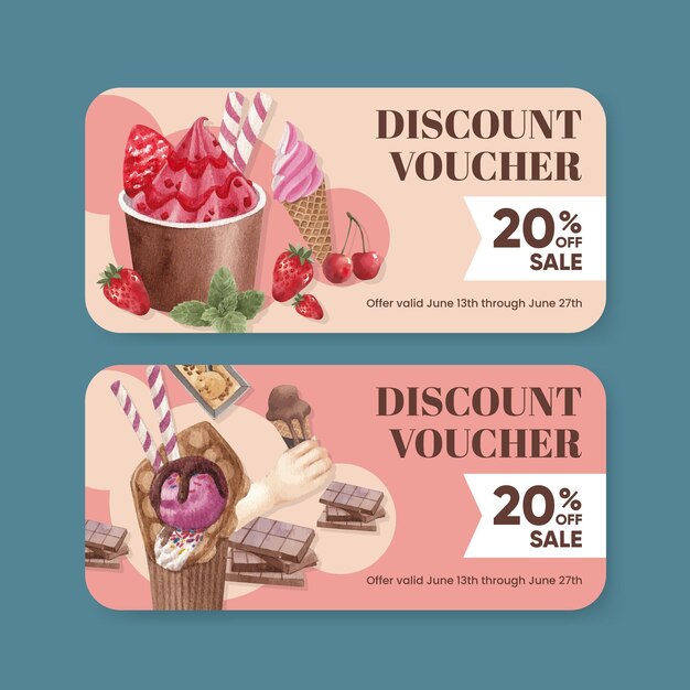 Vetor grátis modelo de voucher com conceito de sabor de sorvete estilo aquarela