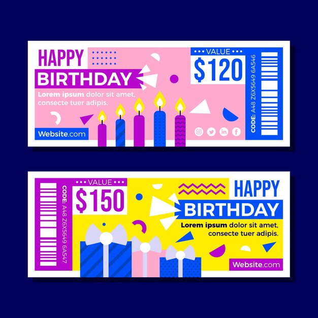 Modelo de voucher de presente de aniversário de design plano