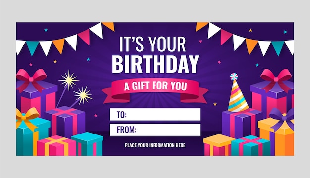 Modelo de voucher de presente de aniversário gradiente