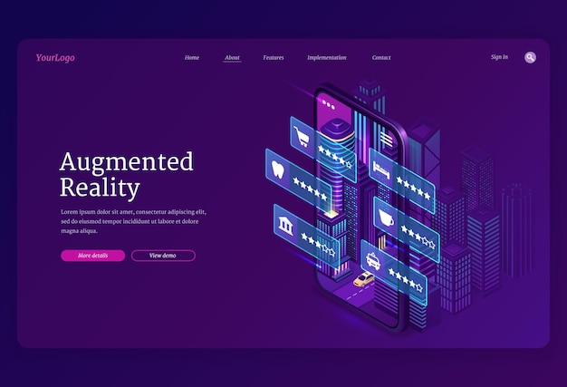 Modelo de web de realidade aumentada. Tecnologias AR, aplicativo inteligente para celular com infográfico virtual