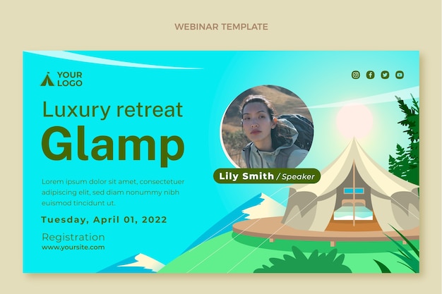 Vetor grátis modelo de webinar de glamping plano