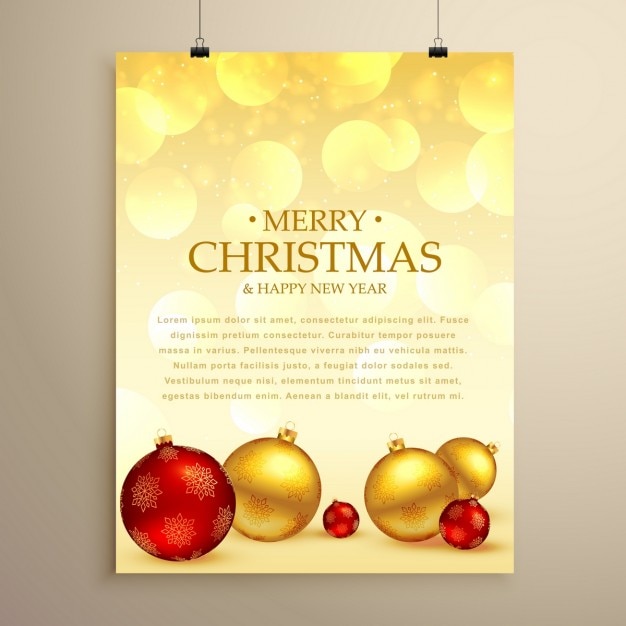Modelo do natal cartão de passageiro feliz com bolas xmas realistas na cor vermelha e dourada