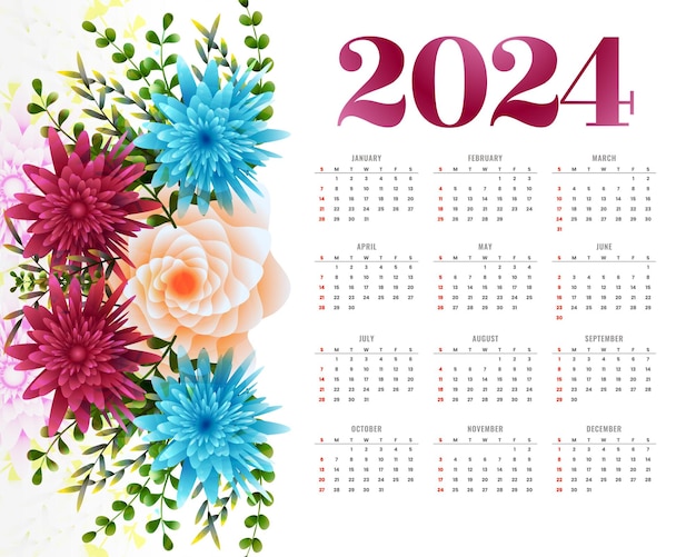 Vetor grátis modelo floral decorativo de calendário inglês 2024 organiza tarefa ou vetor de evento