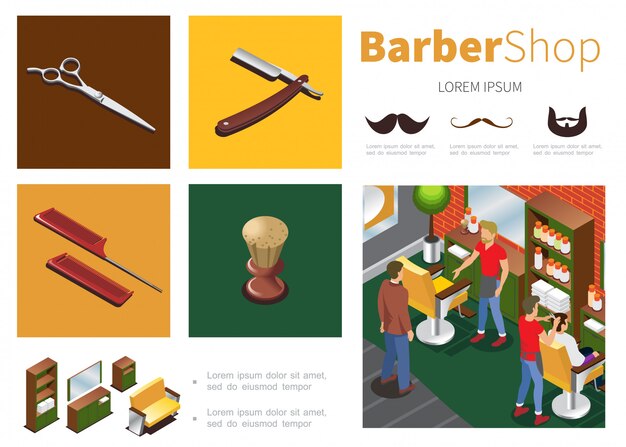 Modelo isométrico de barbearia com clientes de cabeleireiros armário espelho sofá cadeiras tesoura navalha barbear escova pentes bigode barba silhuetas