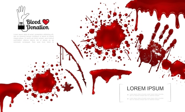 Modelo realista de elementos sangrentos com respingos de sangue, respingos, manchas, gotas, e ilustração de impressão de mão,